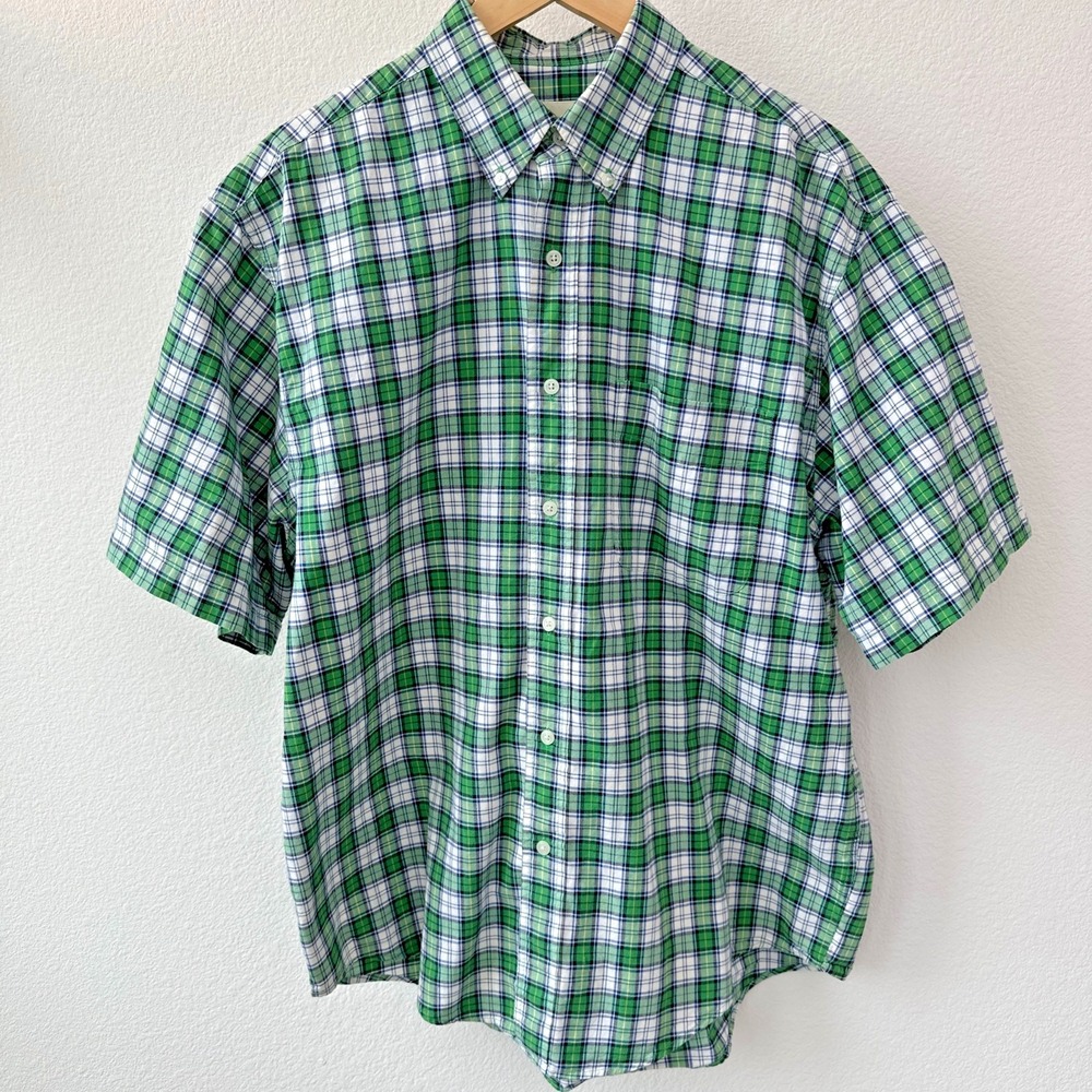 Eddie Bauer Shirt Mens M Green Plaid Short Sleeve Button Vintage